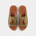 Handcrafted Moroccan Leather Slides, Olive Green Suede Tassel Mules EU 37-42, Authentic Artisanal Summer Sandals, Boho Flat Slip-On Shoes