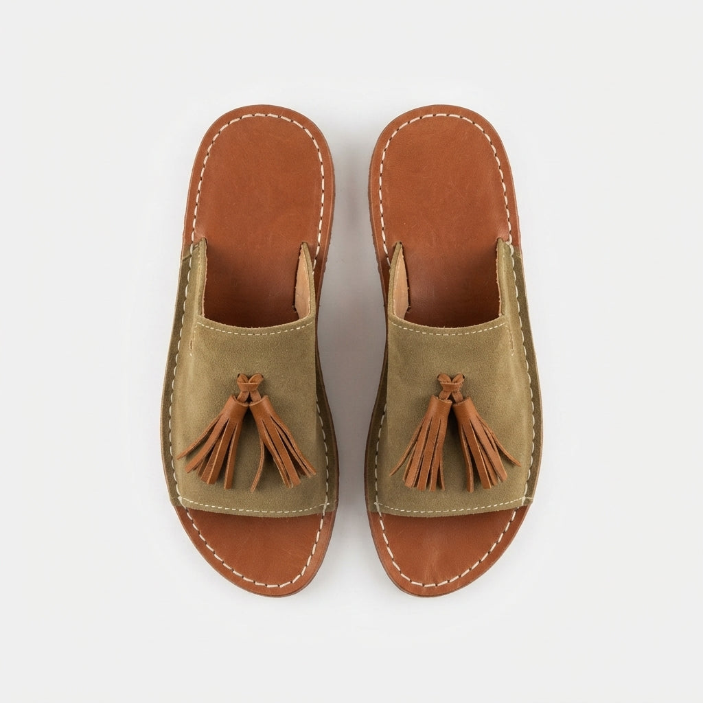 Handcrafted Moroccan Leather Slides, Olive Green Suede Tassel Mules EU 37-42, Authentic Artisanal Summer Sandals, Boho Flat Slip-On Shoes