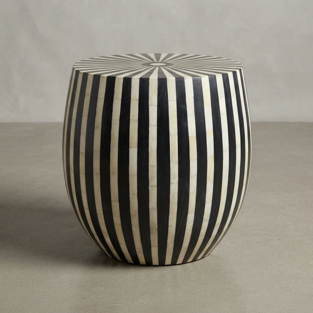 Moroccan Yellow Wood & Cream Resin Drum Side Table | 40 × 50 cm