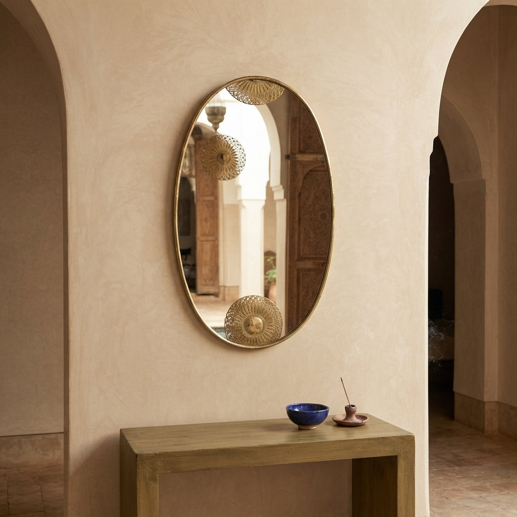 Moroccan Engraved Oval Brass Mirror 120 × 60 cm | Chabichi