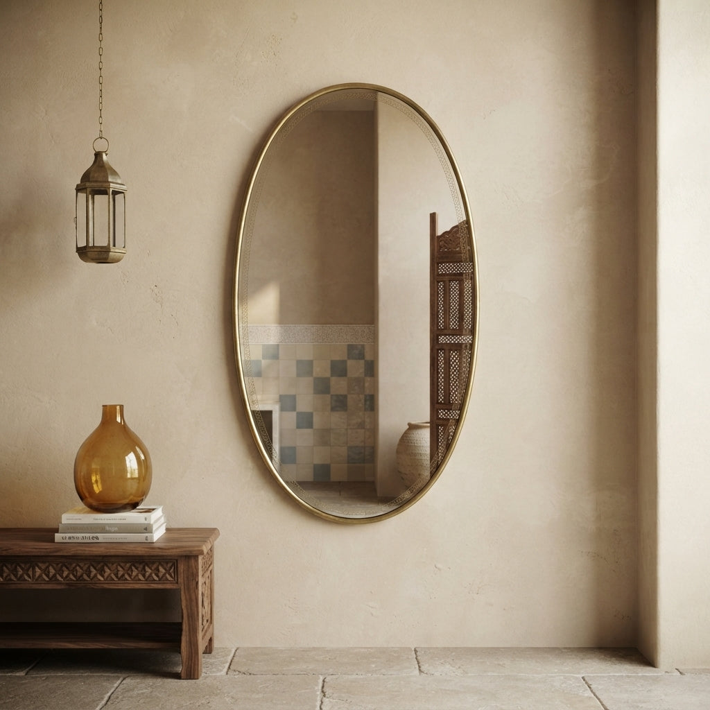 Moroccan Engraved Oval Brass Mirror 120 × 60 cm | Chabichi
