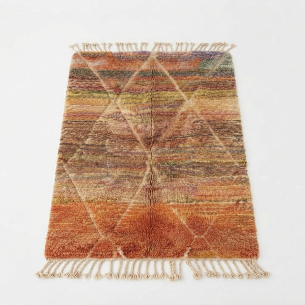 Handcrafted Moroccan Wool Rug, Warm Sunset Orange & Terracotta Diamond Motif Area Rug 165x122cm / 5.4x4.0ft, Small Berber Accent Rug