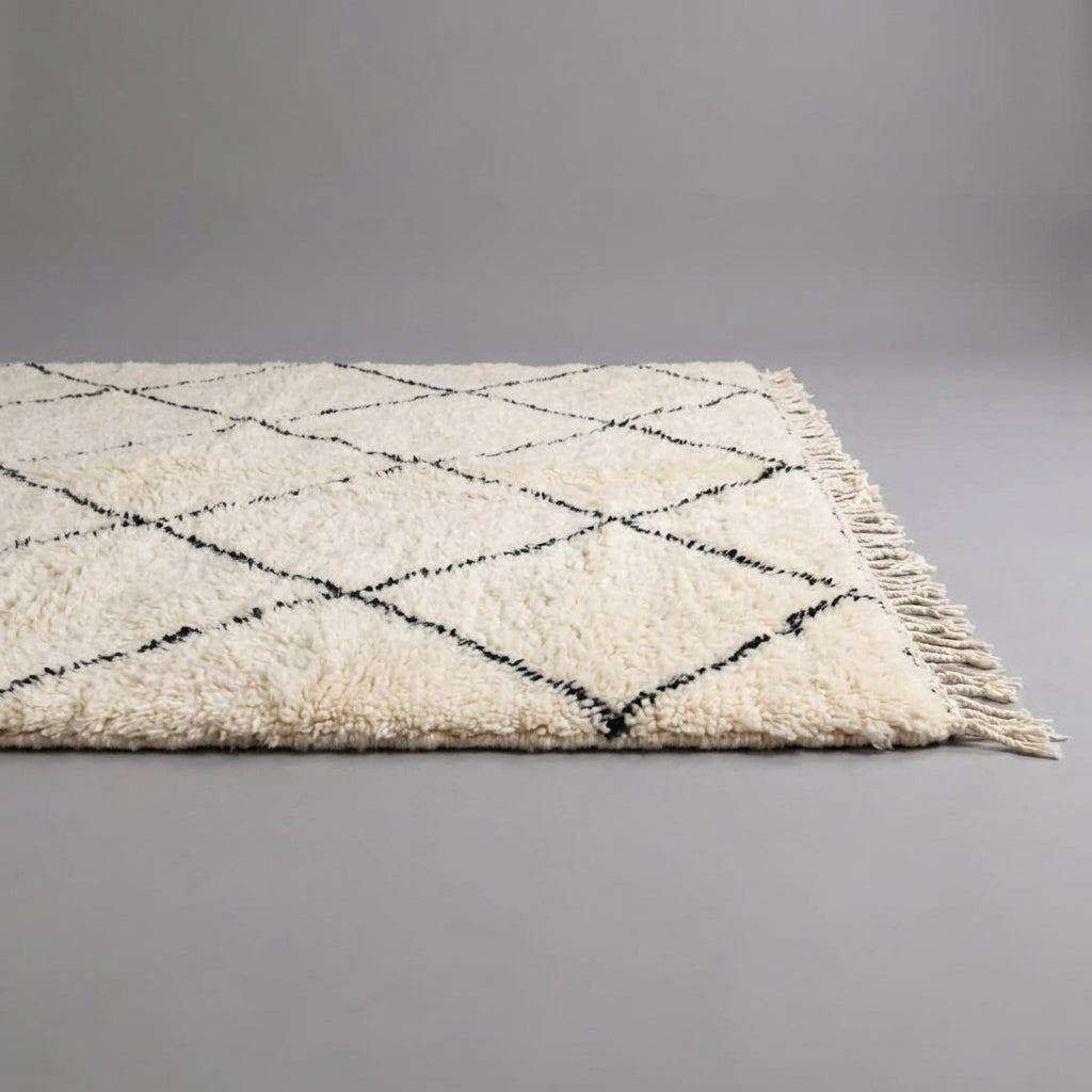 Authentic Beni Ourain Moroccan Wool Rug, Square Ivory Cream & Black Diamond Lattice Area Rug 200x200cm / 6.6x6.6ft, Plush Berber Rug