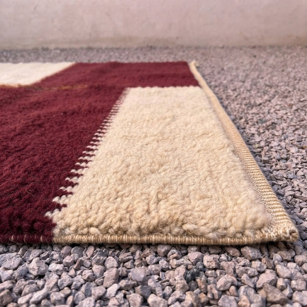 Handcrafted Modern Moroccan Wool Rug, Geometric Burgundy Red & Cream Area Rug 282x180cm / 9.2x5.9ft, Luxury Custom Berber Rug