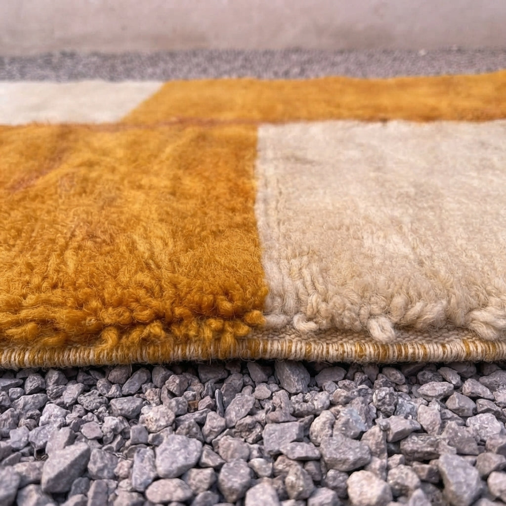 Handcrafted Moroccan Wool Rug, Mustard Yellow & Cream Checkerboard, 260 x 185 cm