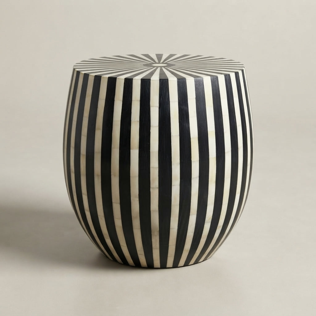 Moroccan Yellow Wood & Cream Resin Drum Side Table | 40 × 50 cm