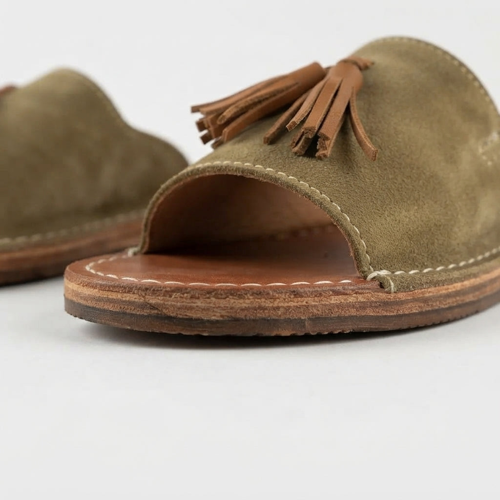 Handcrafted Moroccan Leather Slides, Olive Green Suede Tassel Mules EU 37-42, Authentic Artisanal Summer Sandals, Boho Flat Slip-On Shoes