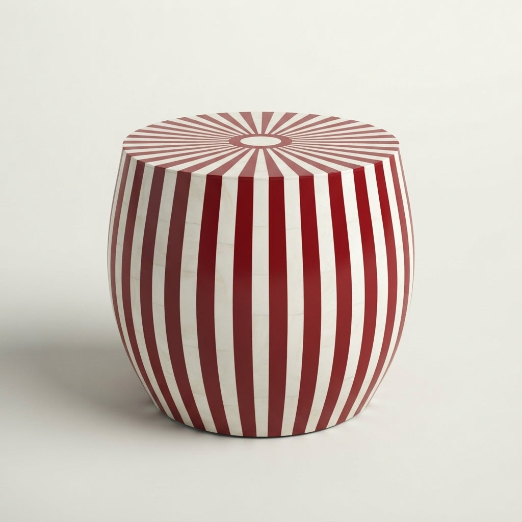 Moroccan Red Wood & Cream Resin Drum Side Table | 40 × 50 cm