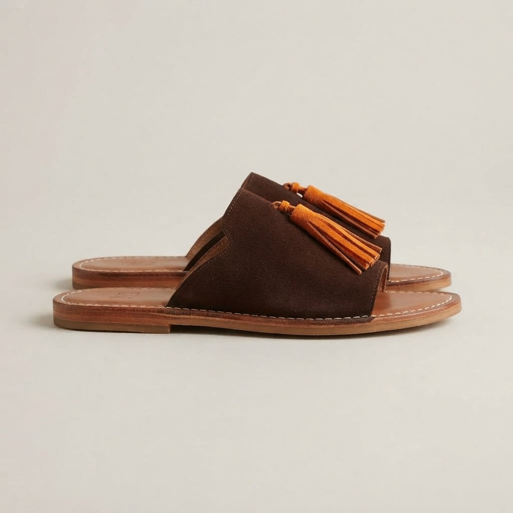 Handcrafted Moroccan Leather Slides, Genuine Suede Tassel Mules EU 37-42, Authentic Artisanal Summer Sandals, Boho Flat Slip-On Shoes