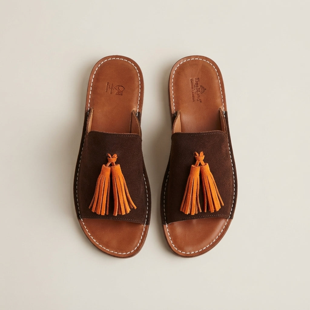Handcrafted Moroccan Leather Slides, Genuine Suede Tassel Mules EU 37-42, Authentic Artisanal Summer Sandals, Boho Flat Slip-On Shoes