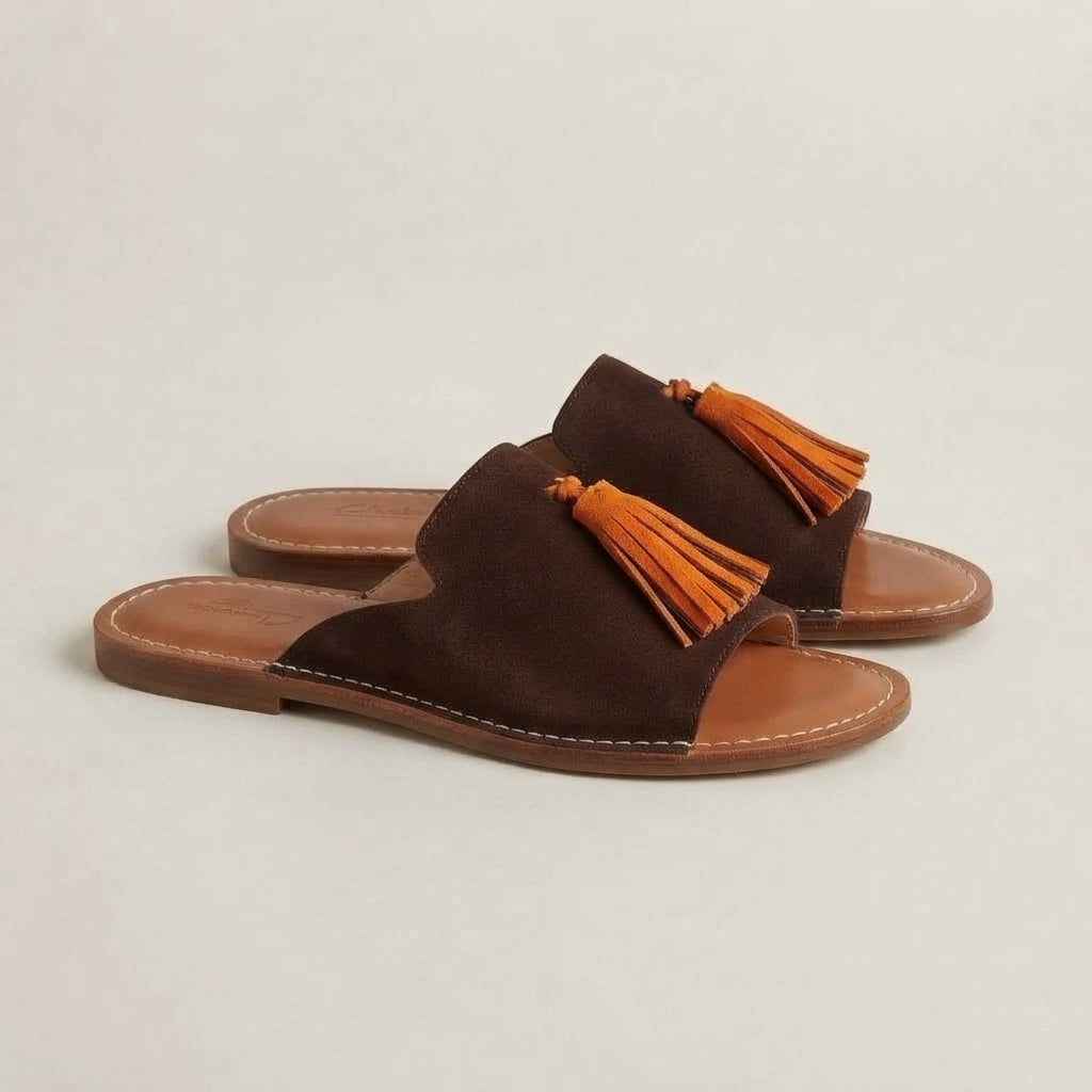 Handcrafted Moroccan Leather Slides, Genuine Suede Tassel Mules EU 37-42, Authentic Artisanal Summer Sandals, Boho Flat Slip-On Shoes