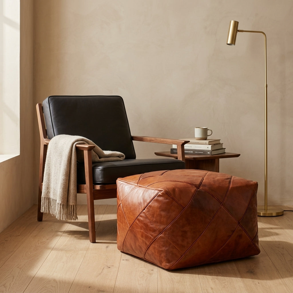 Handmade tan leather pouf ottoman 60 × 60 × 36 cm by Chabichi – image 3