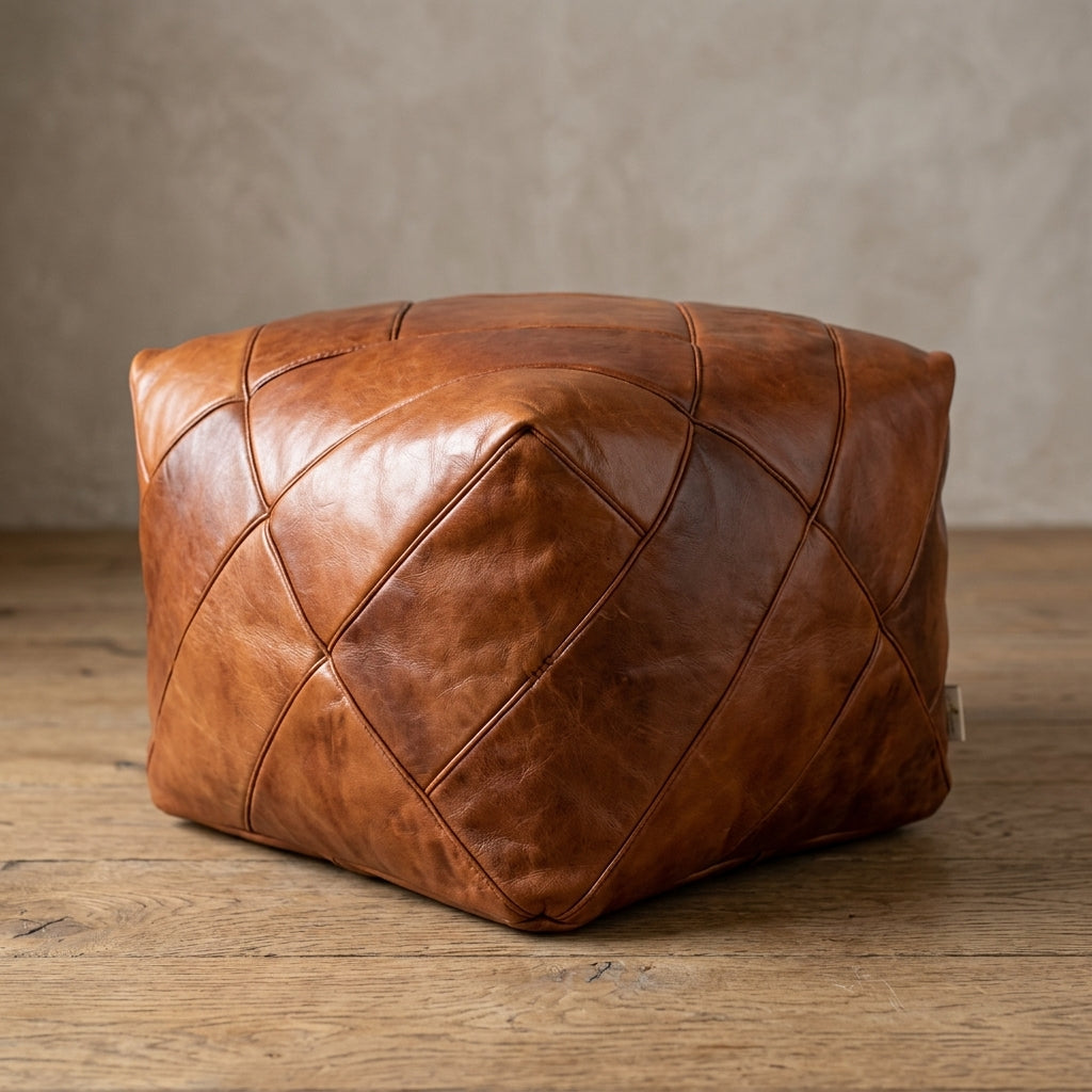 Handmade tan leather pouf ottoman 60 × 60 × 36 cm by Chabichi – image 1