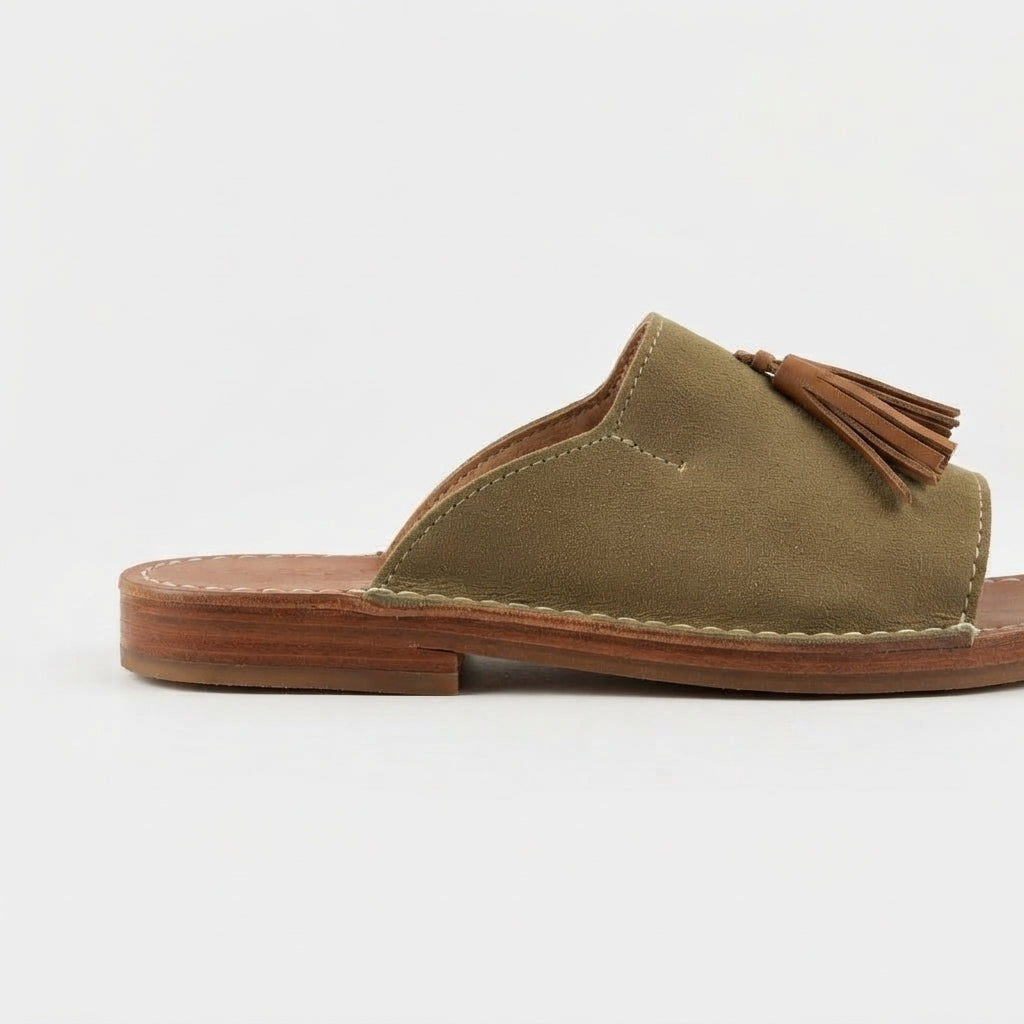 Handcrafted Moroccan Leather Slides, Olive Green Suede Tassel Mules EU 37-42, Authentic Artisanal Summer Sandals, Boho Flat Slip-On Shoes