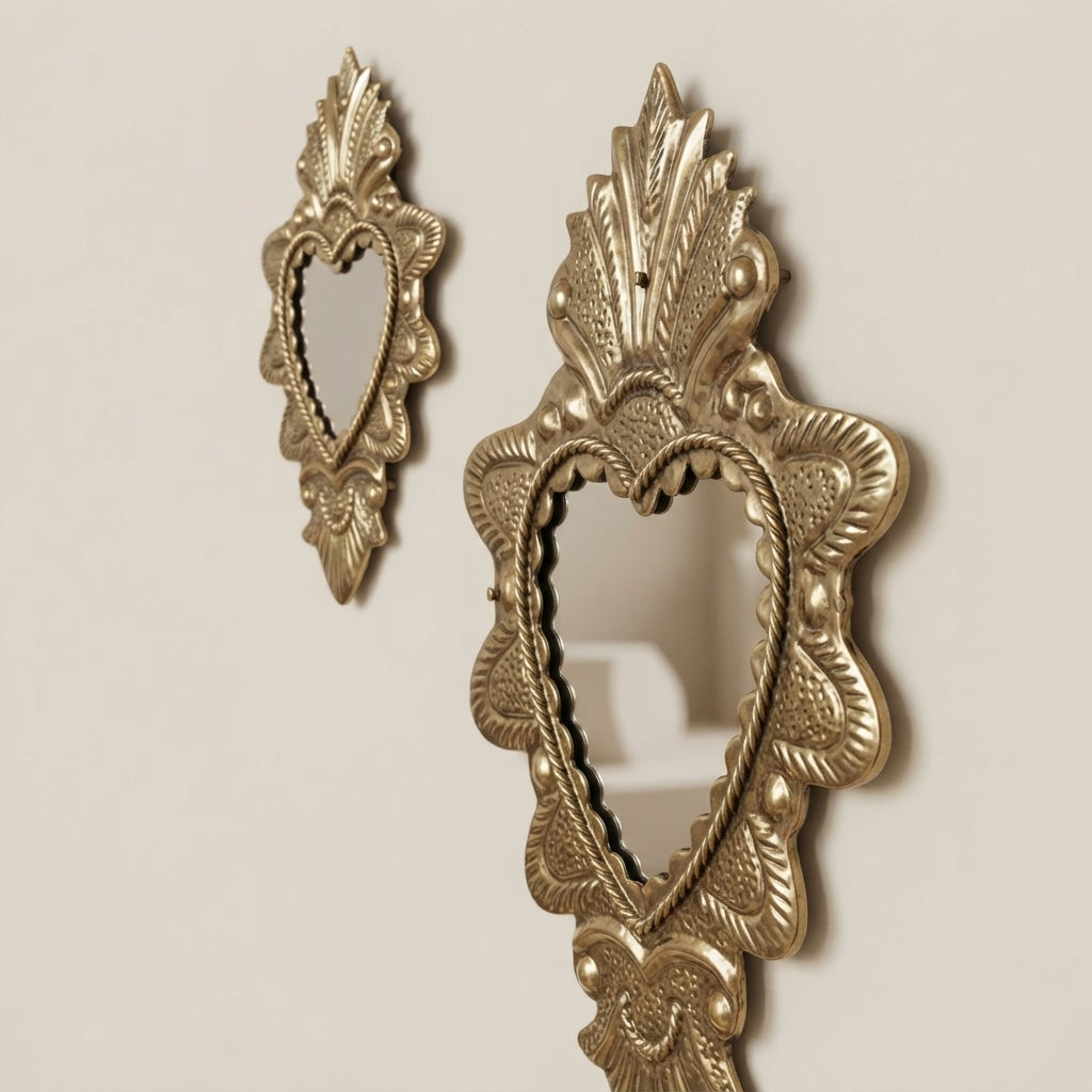 Moroccan Golden Ex-Voto Heart Mirror | Handmade Brass Wall Mirror