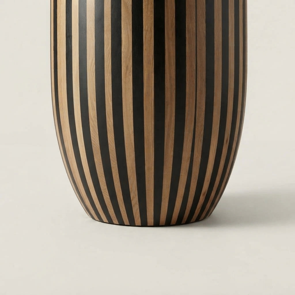 Moroccan Oak & Black Resin Drum Side Table | 40 × 50 cm