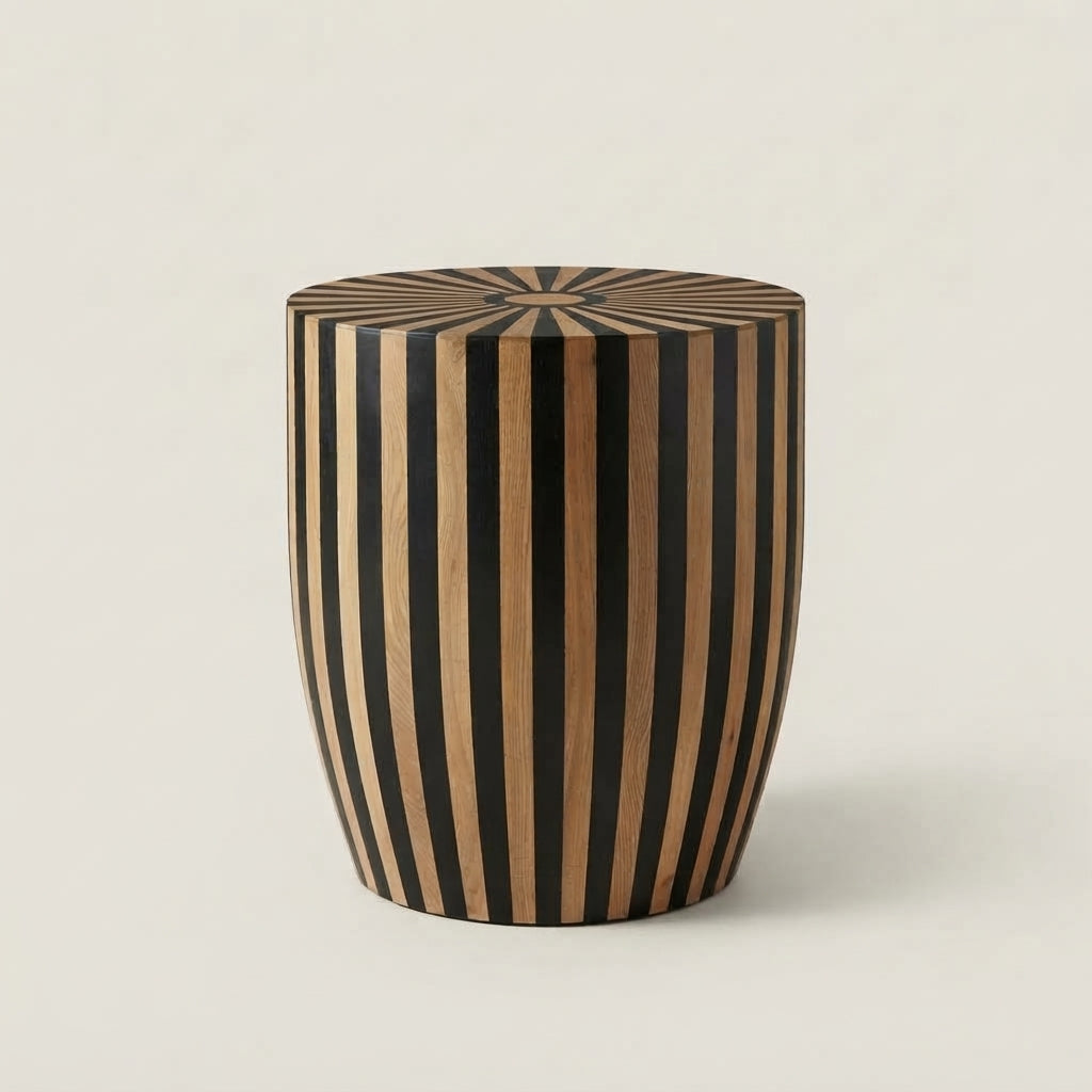 Moroccan Oak & Black Resin Drum Side Table | 40 × 50 cm