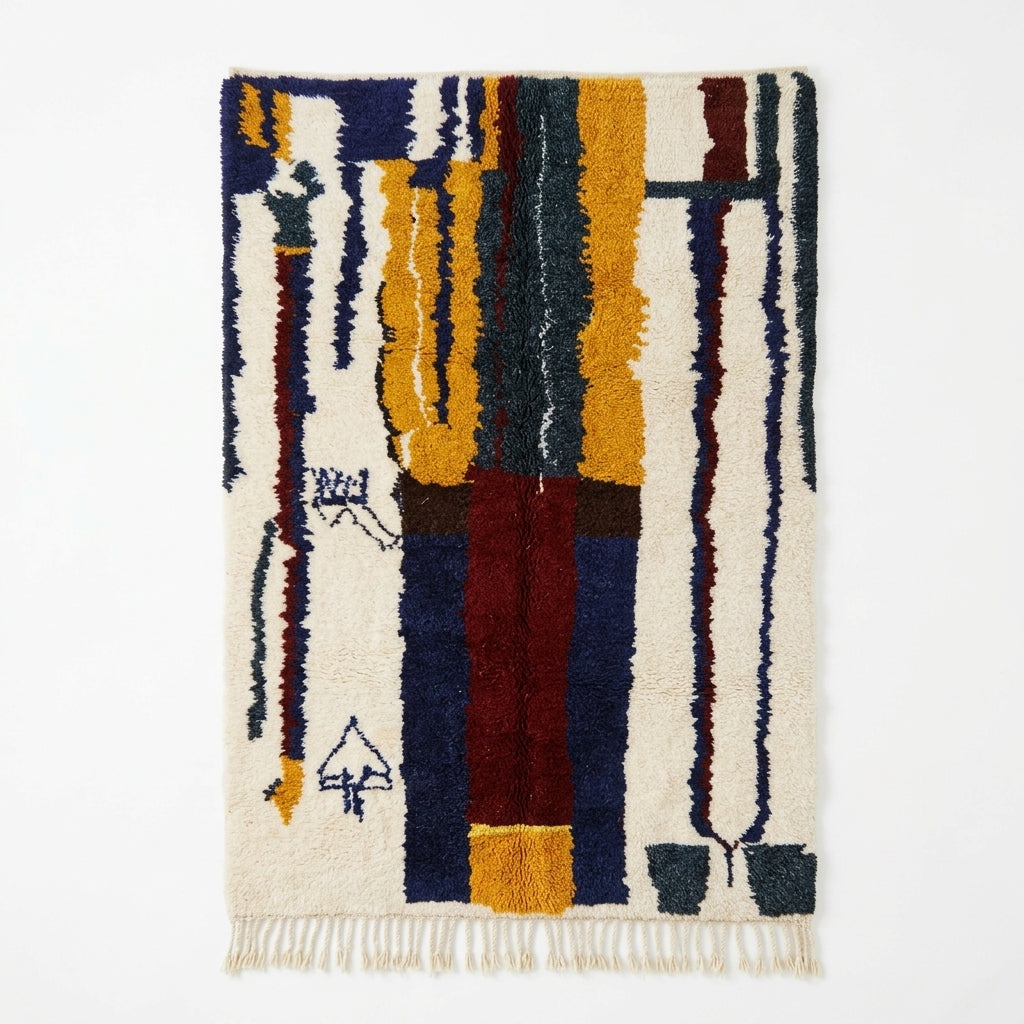 Handwoven Moroccan Abstract Wool Rug — Navy & Mustard, 283 × 180 cm
