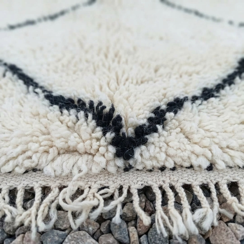 Authentic Beni Ourain Moroccan Wool Rug, Square Ivory Cream & Black Diamond Lattice Area Rug 200x200cm / 6.6x6.6ft, Plush Berber Rug