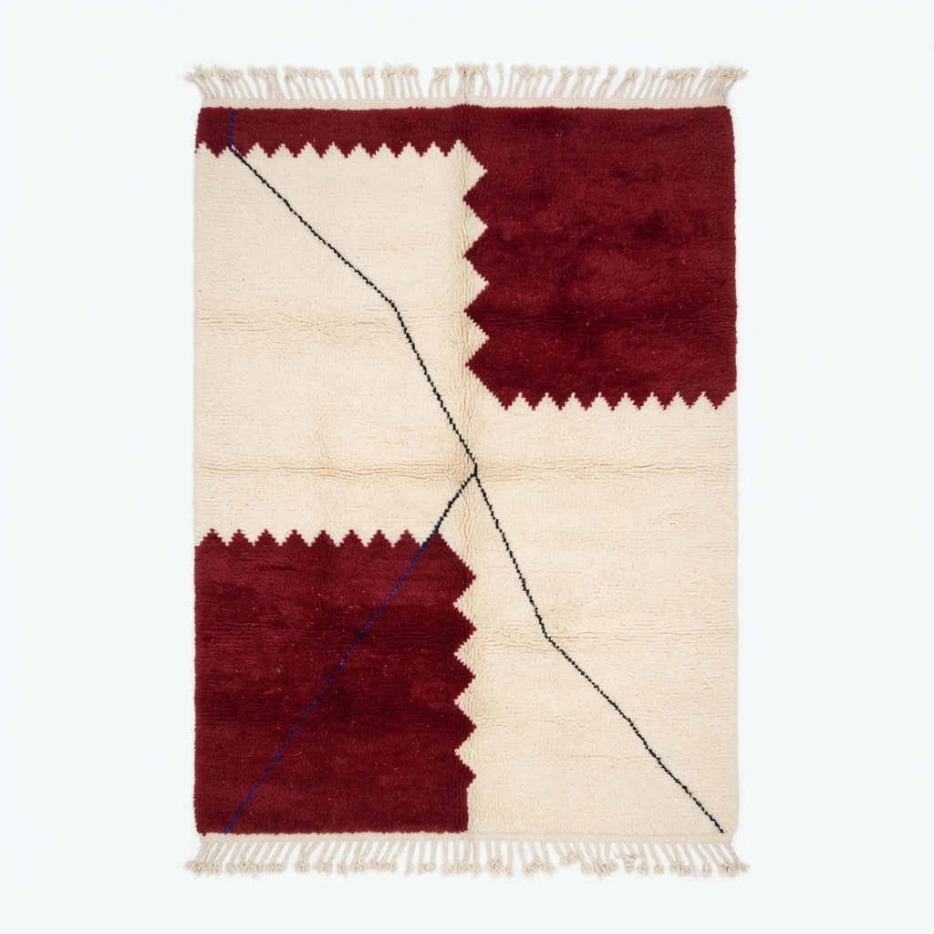 Handcrafted Modern Moroccan Wool Rug, Geometric Burgundy Red & Cream Area Rug 282x180cm / 9.2x5.9ft, Luxury Custom Berber Rug