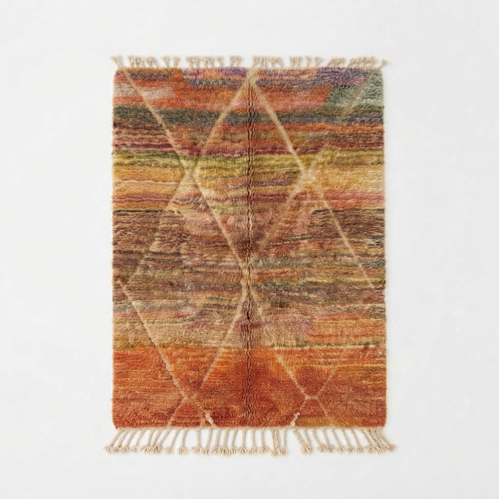 Handcrafted Moroccan Wool Rug, Warm Sunset Orange & Terracotta Diamond Motif Area Rug 165x122cm / 5.4x4.0ft, Small Berber Accent Rug