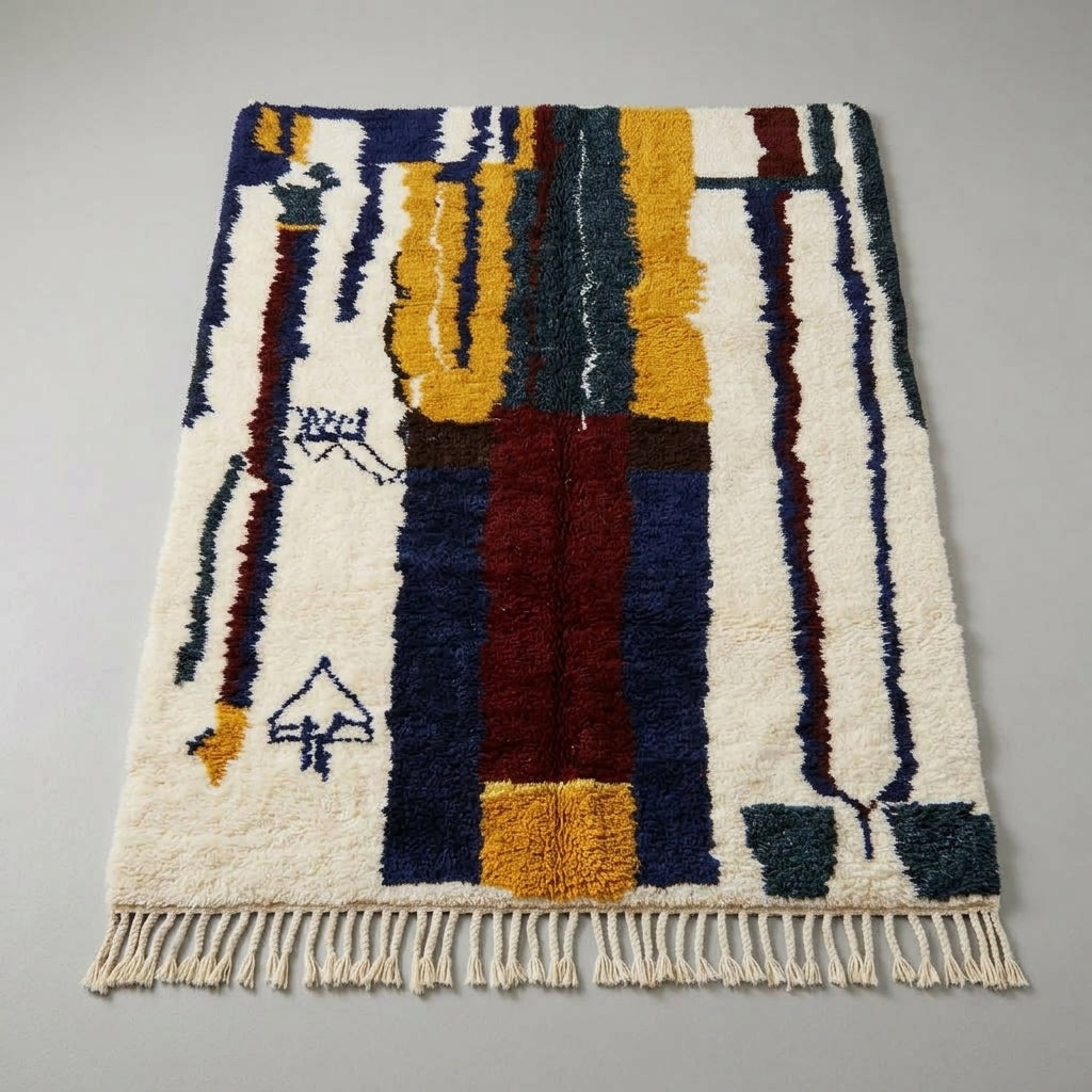 Handwoven Moroccan Abstract Wool Rug — Navy & Mustard, 283 × 180 cm