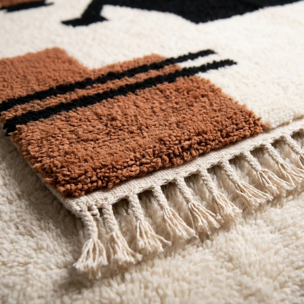 Handcrafted Abstract Moroccan Wool Rug, Terracotta Brown & Black Geometric Area Rug 300x270cm / 9.8x8.8ft, Luxury Large Berber Rug
