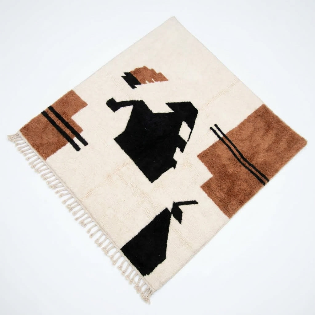 Handcrafted Abstract Moroccan Wool Rug, Terracotta Brown & Black Geometric Area Rug 300x270cm / 9.8x8.8ft, Luxury Large Berber Rug