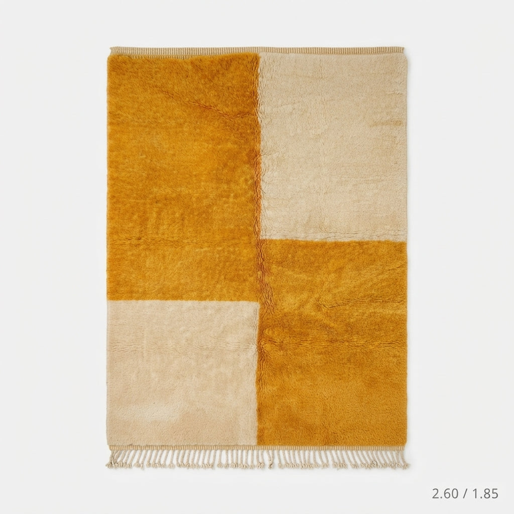 Handcrafted Moroccan Wool Rug, Mustard Yellow & Cream Checkerboard, 260 x 185 cm