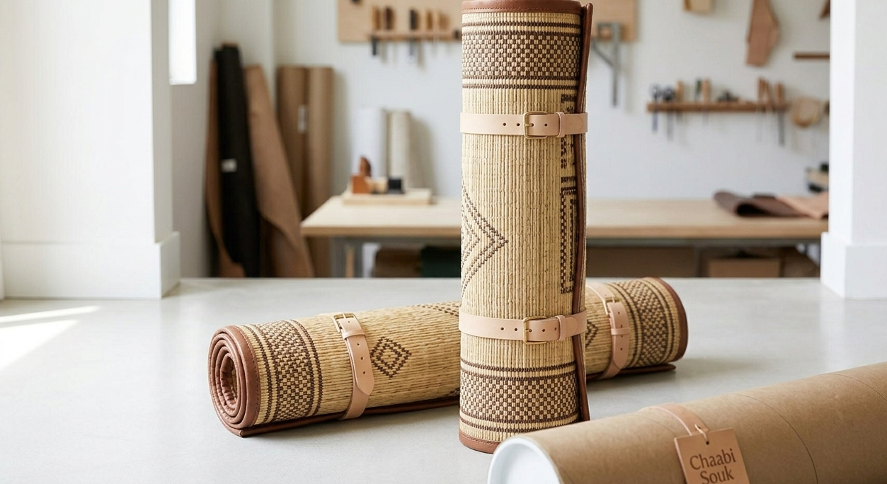 Luxury Mauritanian Reed and Leather Rug - Handmade Tribal Mat | Chabichi Collection